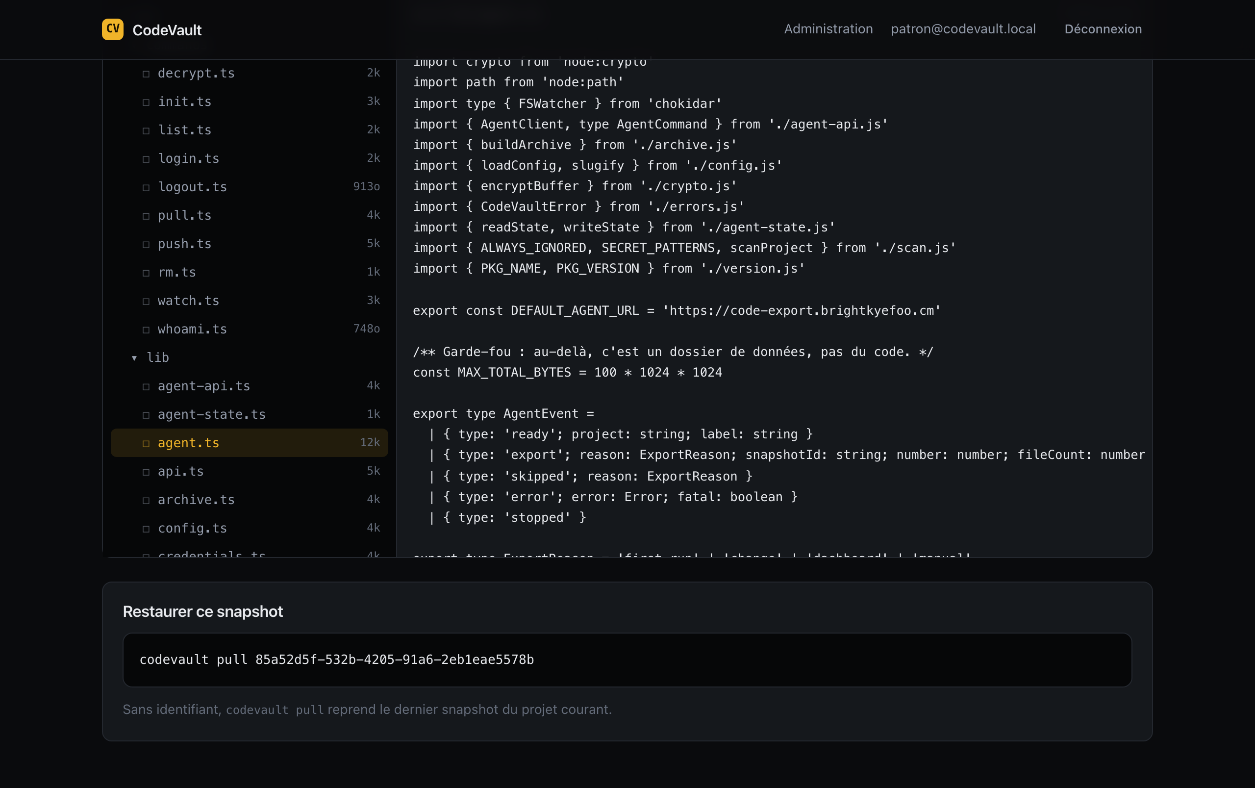 L'explorateur de code d'un snapshot